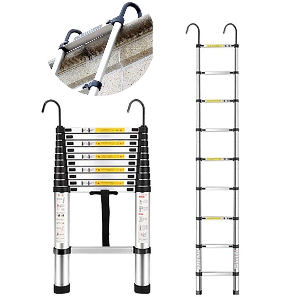 RASOANOA Hohe Teleskopleiter aus Aluminium, robuste, zusammenklappbare Teleskopleiter mit Haken, für Lofts, Innen- und Außenbereiche von Büros, Tragkraft 150 kg/2,9 m/9,5 Fuß Ambitious