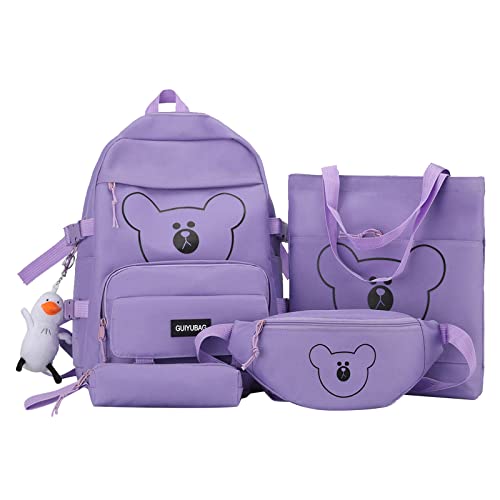 HDKEAN Rucksack, niedlicher Bären-Rucksack mit Hüfttasche, Handtasche, Federmäppchen, Büchertaschen, Schule, für Teenager, Studenten, Reisen, 4 Stück, violett, As shown in the picture