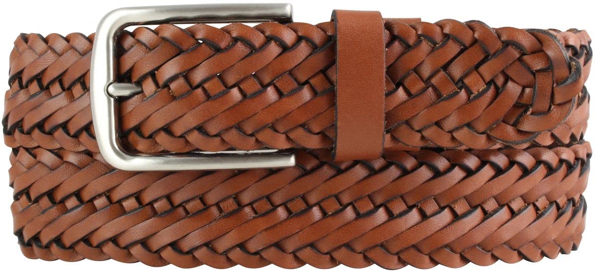 BELTINGER Flecht-Gürtel aus Vollrindleder 3,5 cm | Flecht-Ledergürtel für Damen Herren 35mm | Geflochtener Gürtel mit silberner Schließe | Cognac 95cm