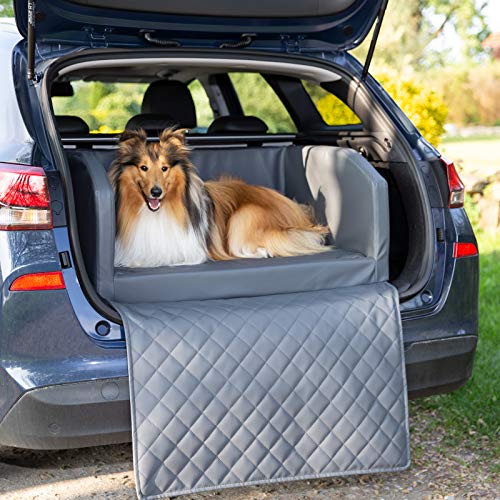 CopcoPet Travel Bed/Hunde-Reisebett aus Kunstleder/Hunde-Autobett/Wasserabweisende Tiermatratze/Hundebett mit Decke als Kratz- und Schmutzschutz (M ca. 70 x 55 cm, Grau)