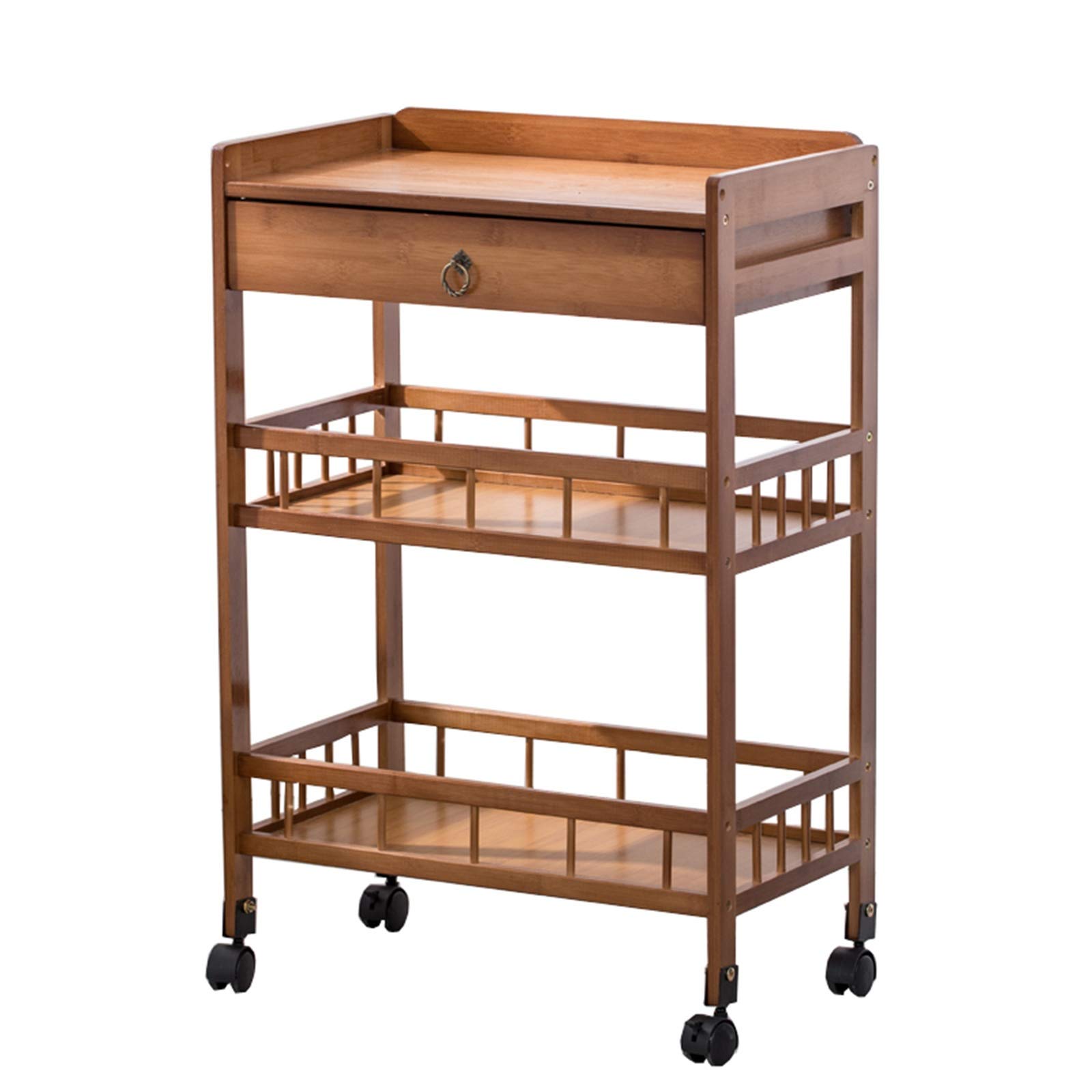 LASTRAN Multifunktions-Aufbewahrungswagen Organizer Cart Wooden Services Trolley mit Zaun, 3-Tier Beauty Tool Cart/Home Hotel Dining/Tea Car, Einfach zu Montieren, Brown,