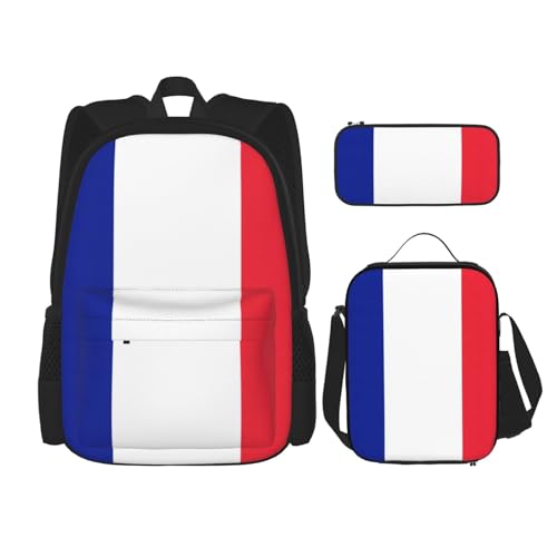 WURTON Französische Flagge, verstellbare Schultergurte, Rucksack-Set, Lunchtasche, Federmäppchen, Kombinationstaschen-Set