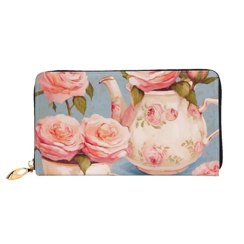 DENMER Gelbe Blumen Schmetterlinge Leder Geldbörse Kunstleder mit metallischem Reißverschluss geräumiges und stilvolles Accessoire für moderne Frauen Produkt, Teebecher mit Rosen Romantisch Shabby,