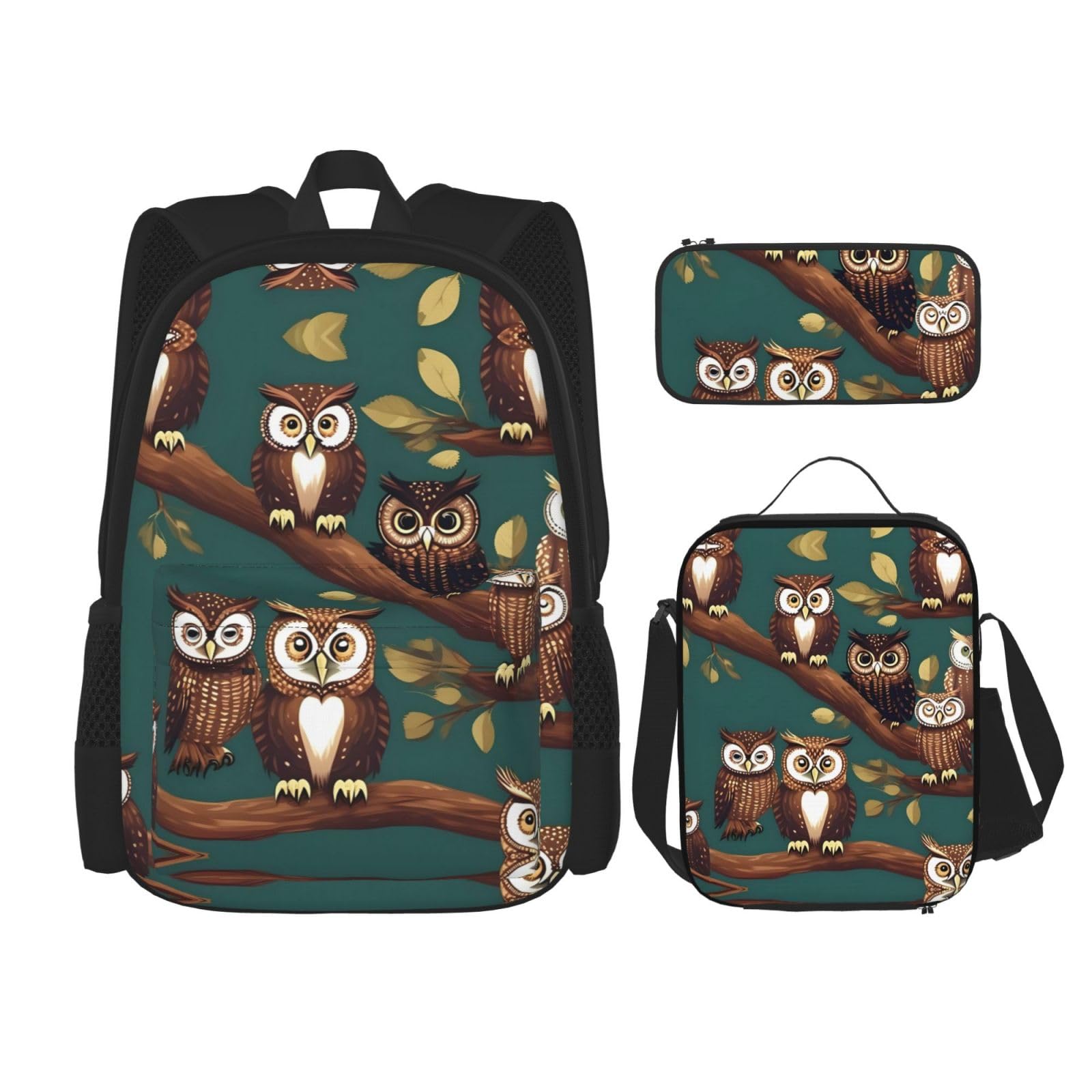 WURTON Magic Owel Print Lunchbox Federmäppchen Rucksack Set 3 Stück Verstellbare Träger Langlebig Leicht, Schwarz, One Size