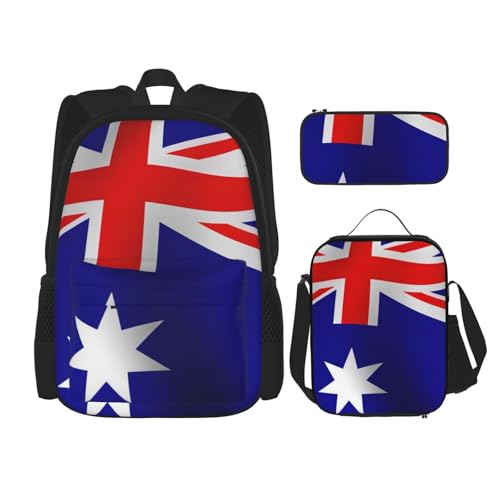 WURTON Rucksack mit australischer Flagge, 3-in-1-Büchertaschen-Set, Lunchbox, Federmäppchen, Reise-Laptop-Tagesrucksäcke, Schwarz, Einheitsgröße, Schwarz, Einheitsgröße, Schwarz , Einheitsgröße