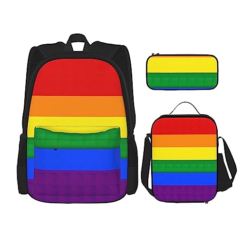 WURTON Lunchbox mit Regenbogen-Flaggen-Druck, Federmäppchen, Rucksack-Set, 3-teilig, verstellbare Riemen, leicht, Schwarz, Einheitsgröße