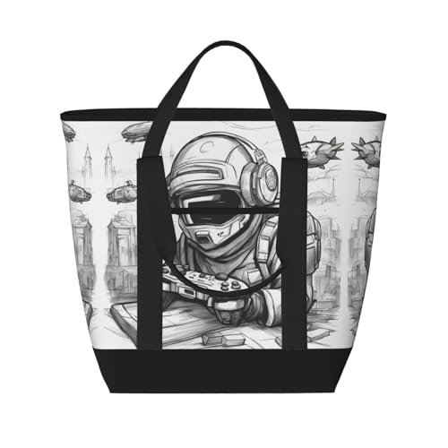 YQxwJL Monochrome Skizzen-Stil, Gaming-Druck, große Kapazität, isolierte Kühltasche, Einkaufstasche, Reisetasche, Strand, wiederverwendbare Einkaufstasche für Erwachsene, Schwarz, Einheitsgröße