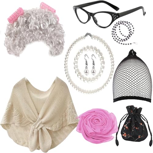 Ranuw Alte Dame Kostüm Set Graue Perücken Künstliche Ohrringe Brille Frauen Alte Dame Rollenspiel Dress Up Zubehör Cosplay Kostüm Anzug