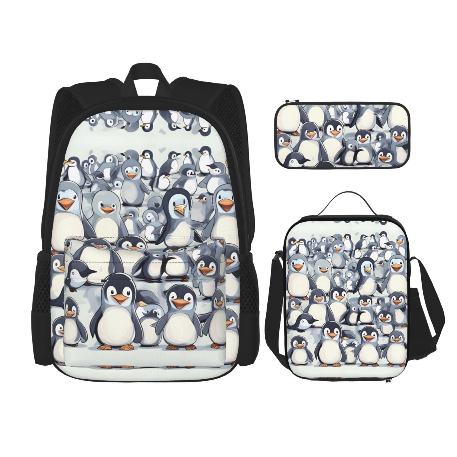 WURTON Niedliche Baby-Pinguin-Skizzen-Druck-Lunchbox, Federmäppchen, Rucksack-Set, 3-teilig, verstellbare Riemen, langlebig, leicht, Schwarz, One Size