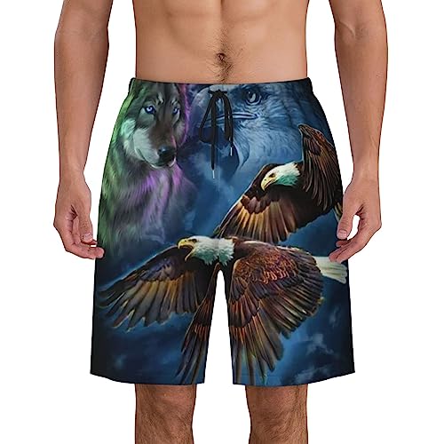 Herren-Badeshorts, Badehose, fliegende Adler mit Wolf, Strandhose, schnell trocknend, Boardshorts für den Sommer, Schwarz , XL