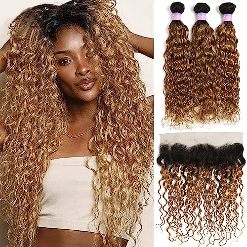 Human Hair Bundles Wasser Welle Bundles Mit Frontal 13x4 Ombre Blonde Farbige Haar 3 Bundles Mit Verschluss Brasilianische Remy Menschliches Haar extensions human hair weave(Color:T1B-27,Size:18 18 18