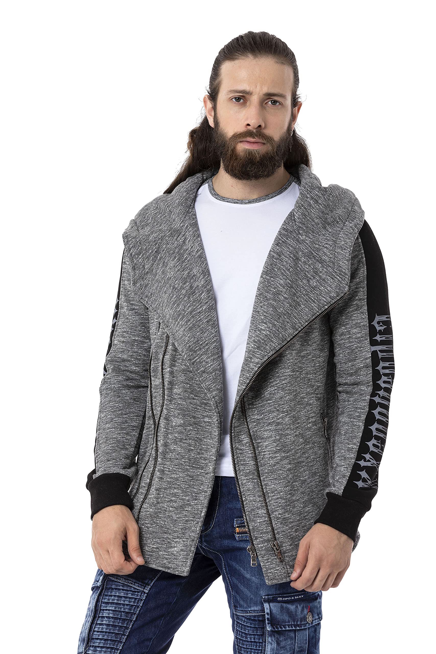 Cipo & Baxx Herren Hoodie Kapuzenpullover Jacke Reißverschluss Meliert Sweater CL526 Grau XL