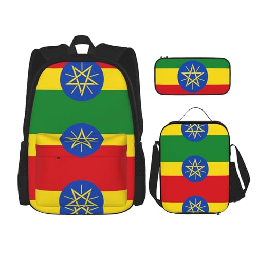 WURTON Schulrucksack-Set mit Flagge von Äthiopien, 3-in-1, Büchertaschen-Set mit Lunchbox, Federmäppchen, Reise-Laptop-Tagesrucksäcke