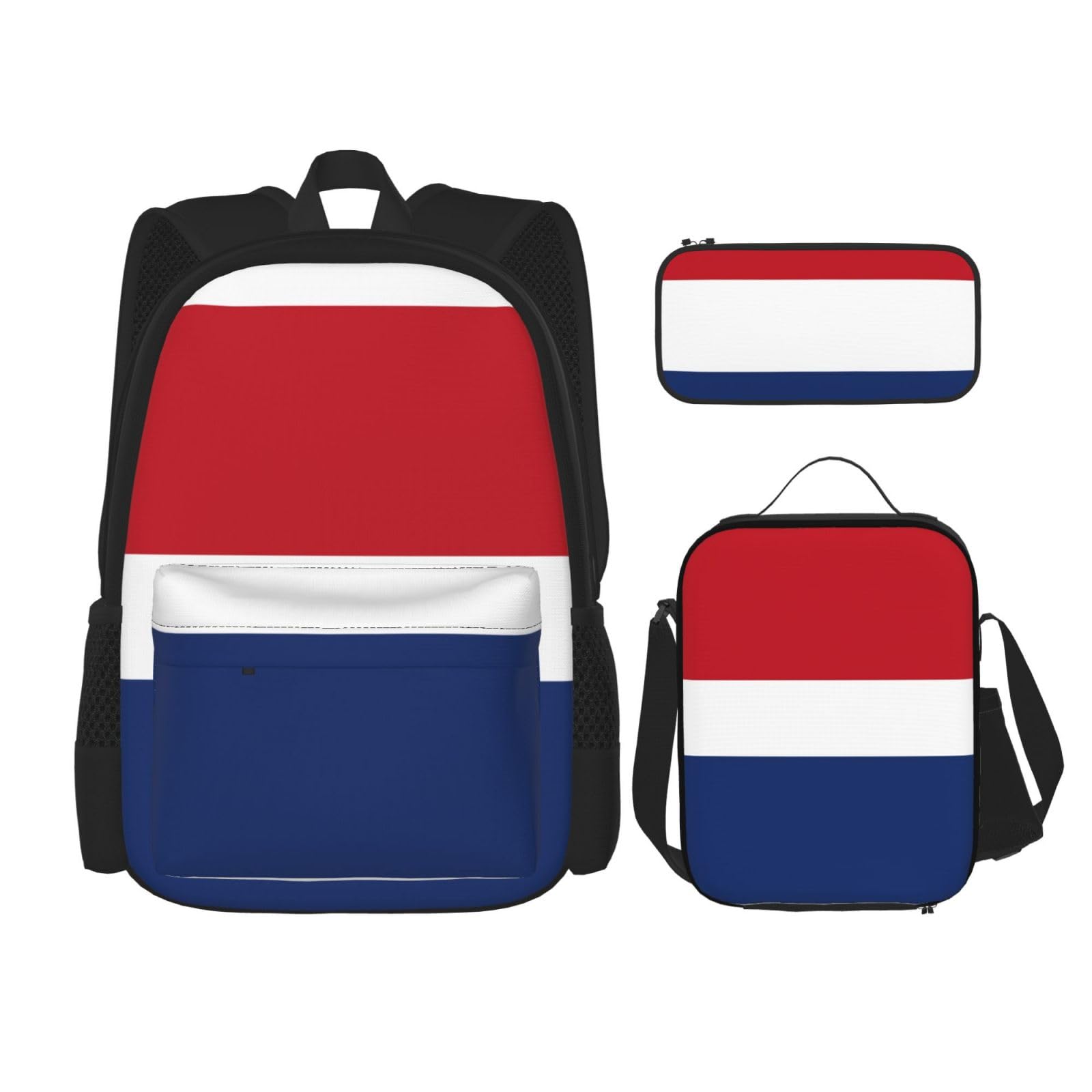 WURTON Trendige Rucksacktaschen mit niederländischer Flagge, Lunchbox und Federmäppchen, 3-in-1, verstellbares Rucksack-Set