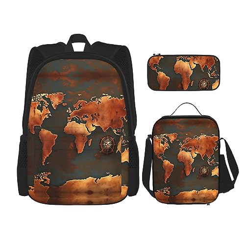 WURTON Rust World Map Print Travel Lunch Box Pencil Case Backpack Set 3 Pieces Adjustable Straps Lightweight, Schwarz, Einheitsgröße