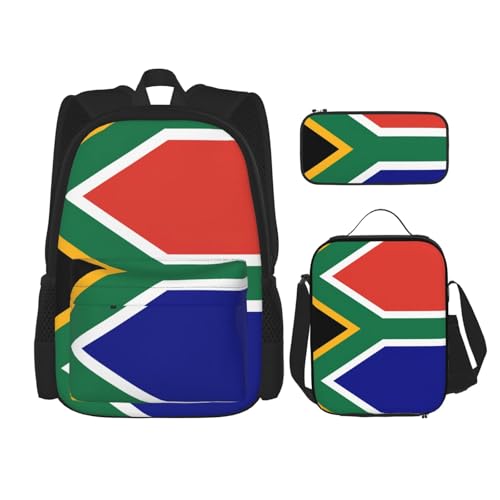 WURTON Rucksack-Set, Motiv: Südafrikanische Flagge, verstellbare Schultergurte, Lunch-Tasche, Federmäppchen, Kombinationstaschen-Set