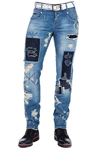 Cipo & Baxx Herren Destroyed Jeans Hose Slim Fit Frayed Used Denim mit Flicken und Ziernähte Blau W33 L32