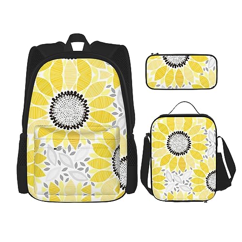 WURTON Abstrakter Sonnenblumen-Druck, verstellbare Schultergurte, Rucksack-Set, Lunchtasche, Federmäppchen, Kombinationstaschen-Set