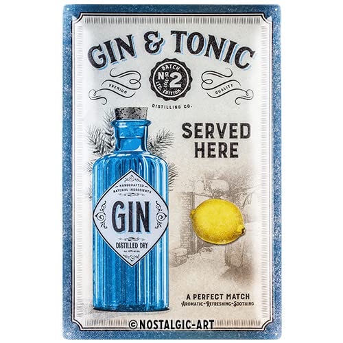 Nostalgic-Art Retro Blechschild Gin & Tonic Served Here – Geschenk-Idee als Bar Zubehör, aus Metall, Vintage-Design zur Dekoration, 40 x 60 cm