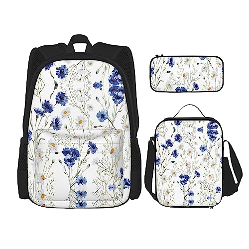 WURTON 3-in-1 Büchertaschen-Set mit Blumen und Kornblumen, Gänseblümchen, verstellbarer Schulter-Rucksack, Lunch-Tasche, Federmäppchen, Beutelbox, Schwarz, Einheitsgröße