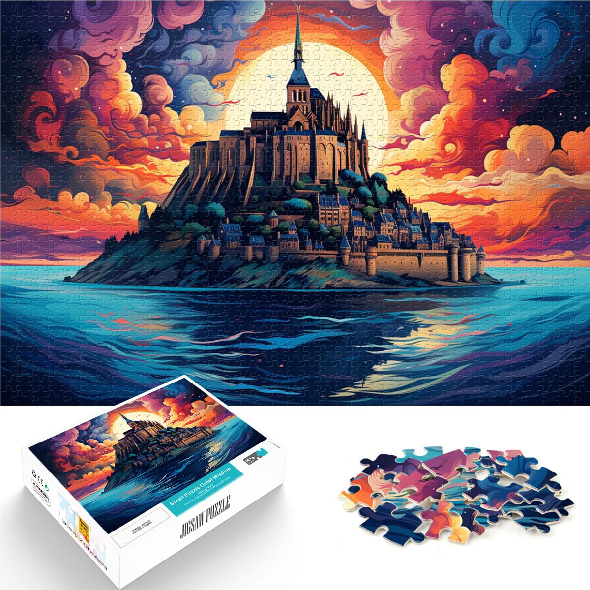 Puzzle-Geschenk: Bunte Psychedelie in der Abtei von Mont Saint Michel. Puzzle 1000 Teile, Holzpuzzle, tolle Geschenke für Weihnachten, 1000 Teile (50 x 75 cm)