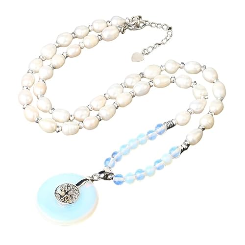 CuLtP CuLtPHeilkristall-Anhänger-Halskette für Damen Opal Kristall-Halskette Ovale Perle, Lebensbaum, Naturstein Anhänger-Halskette, natürlicher Reiki-Edelstein, Halskette, Schmuck