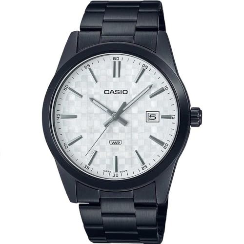 Casio MTP-VD03B-7A Herren-Armbanduhr, Standard, Schwarz, IP-Stanless-Stahl, weißes Zifferblatt, 3-Zeiger-Armbanduhr, Schwarz