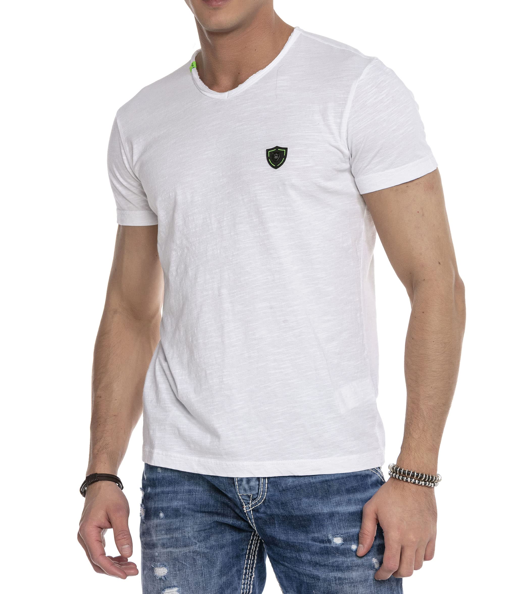 Cipo & Baxx Herren T-Shirt Basic Regular Fit Kurzarm Shirt V-Ausschnitt Sommershirt CT648 Weiß S