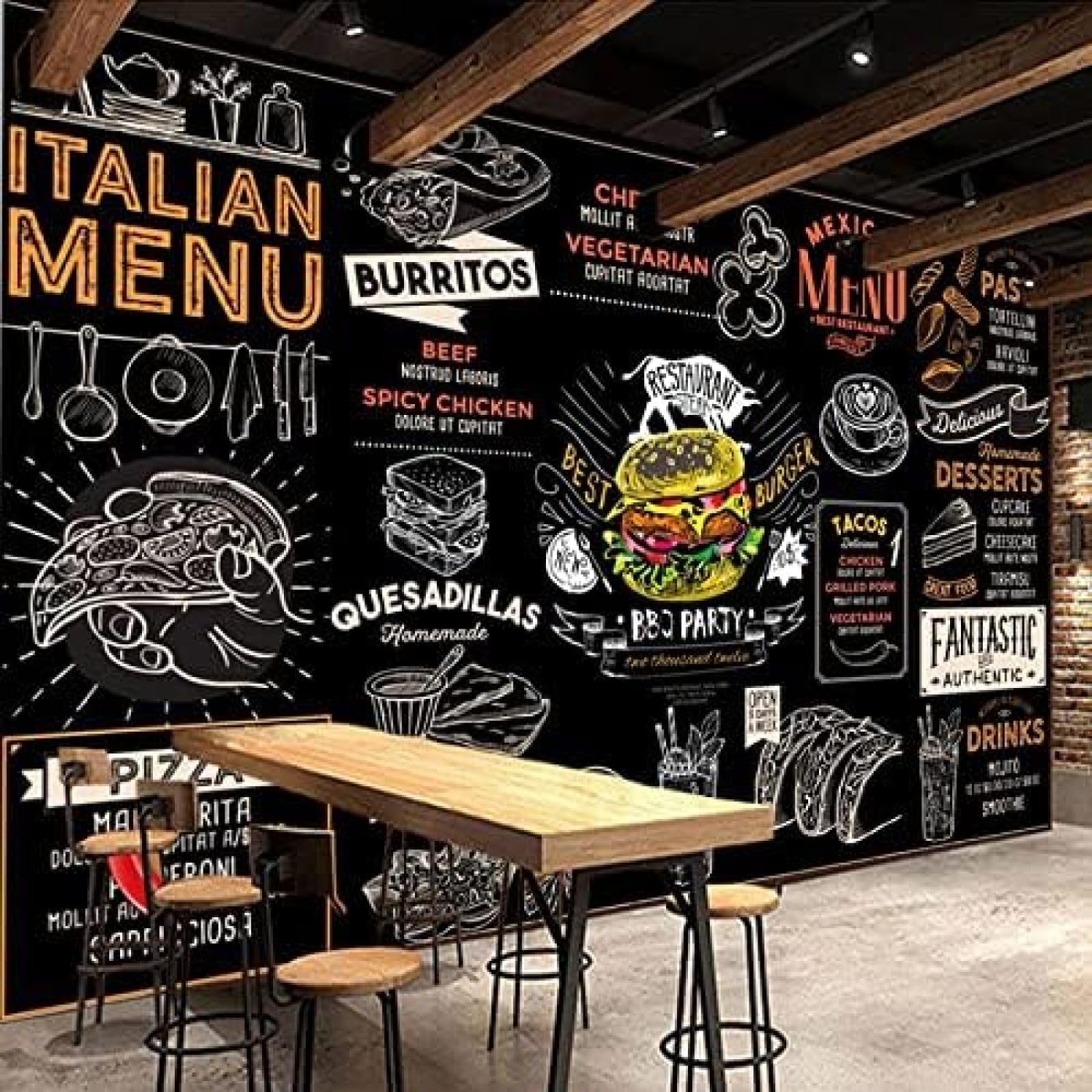 XLMING Burger Pizza Western Fast Food Restaurant Coffee Shop Restaurant Bar 3D Tapete Wohnzimmer Sofa Schlafzimmer Esszimmer Home Dekoration Wand-250cm×170cm