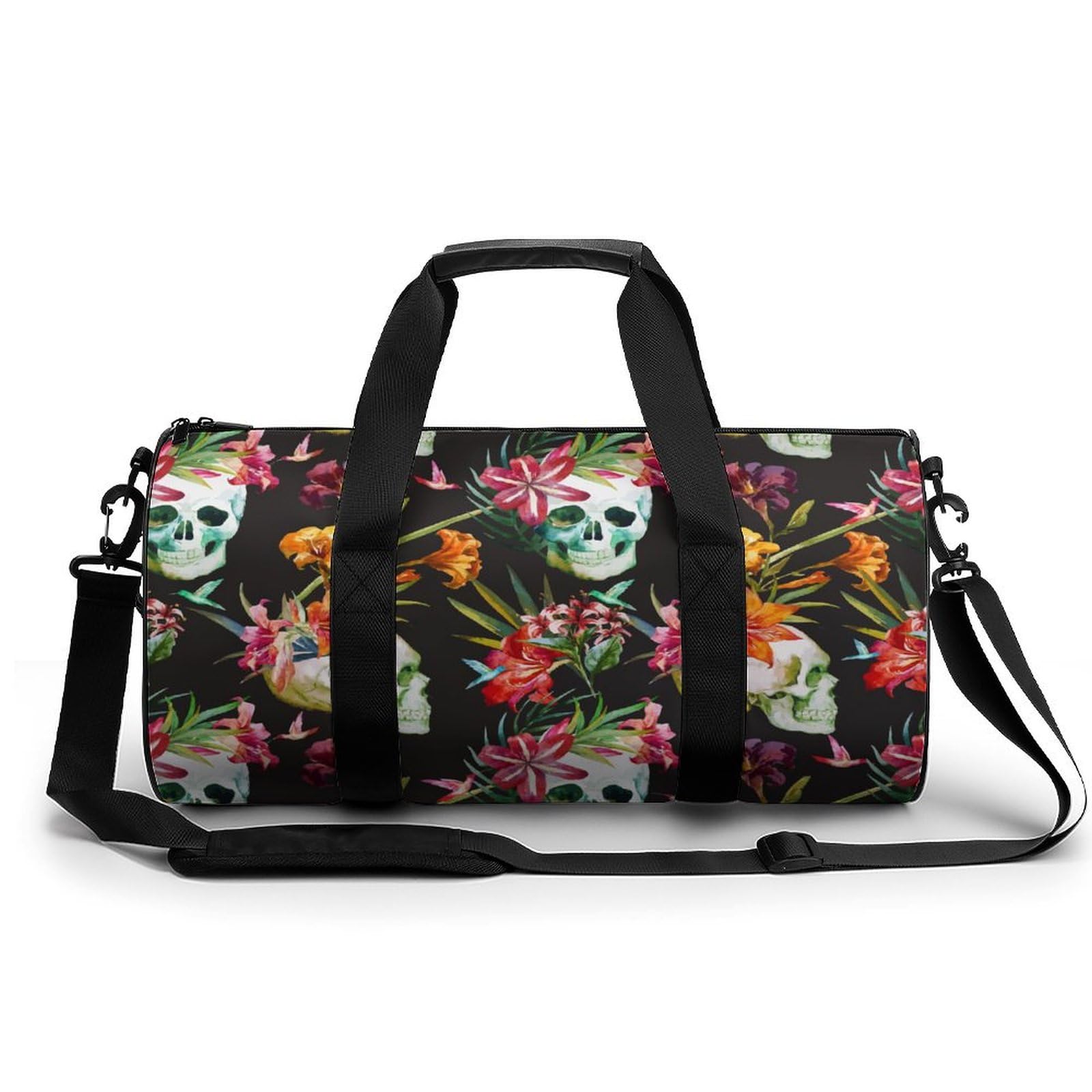 Totenkopf Blumen Sport Duffel Bag Sporttasche Reisetasche Handgepäck Tasche Schwimmtasche Weekender Bag 45x23x23cm