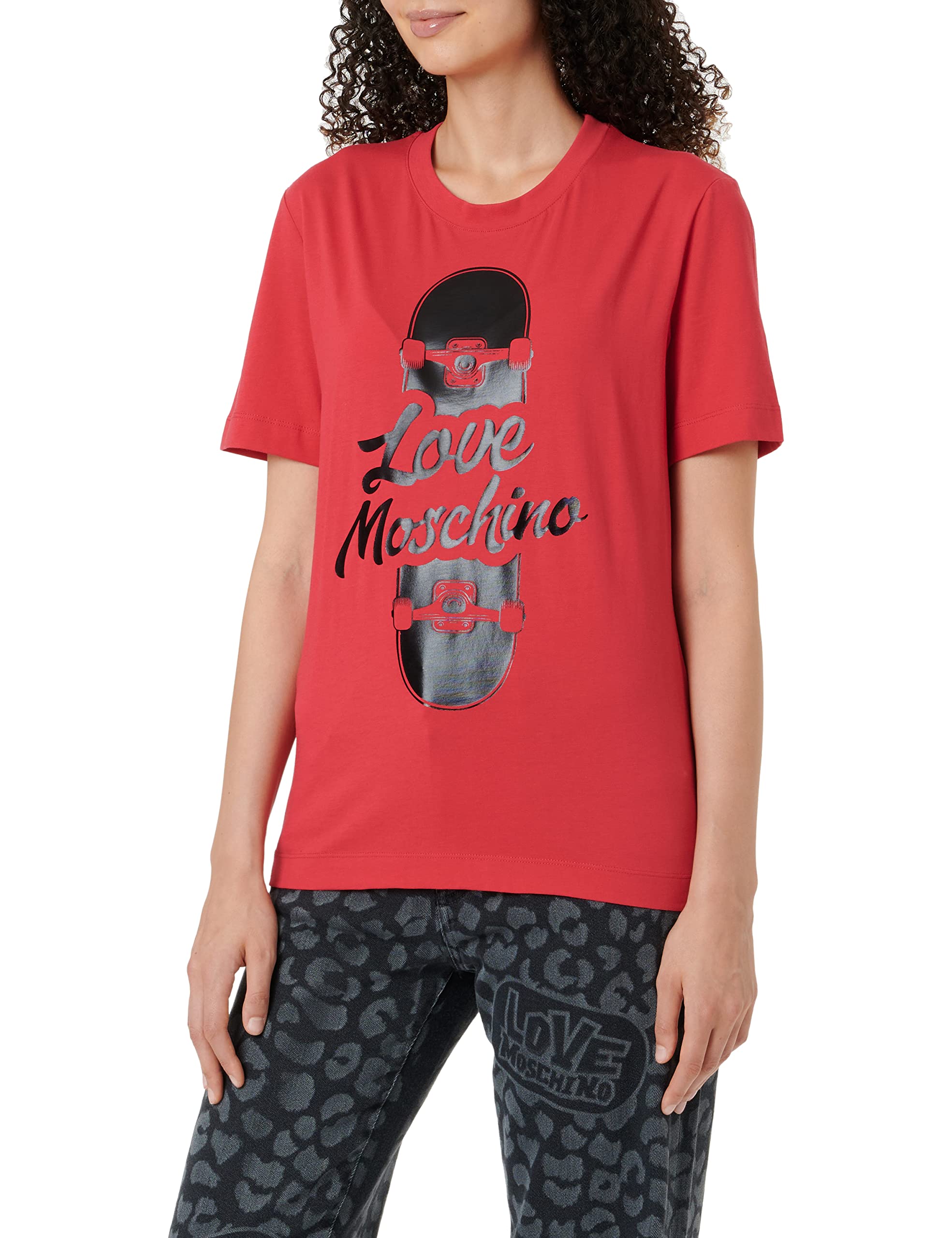 Love Moschino Damen Regular Fit Short Sleeves With Shiny Skateboard Print T Shirt, Rot, 46 EU