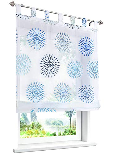 LiYa 1 Stück Raffrollo mit Kreis-Motiven Floral Design Raffgardine Voile Transparent Vorhang (BxH 100x140cm, Blau)