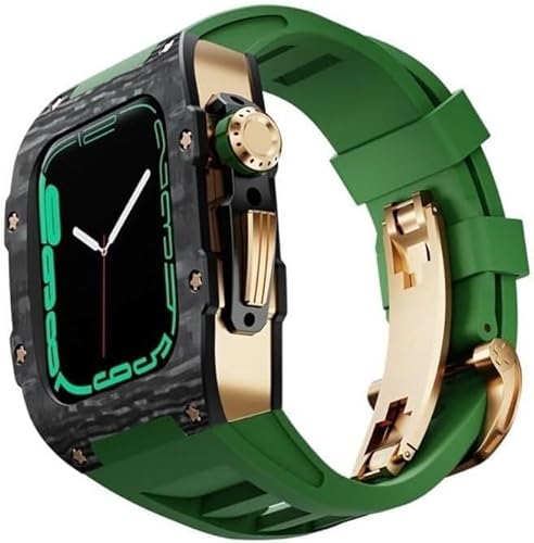 NEYENS Kohlefaser-Uhrengehäuse, fluororiertes Gummiband, für Apple Watch Serie 8/7/6/5/4/SE, 45 mm, 44 mm, Ersatzzubehör, RM-Stil, Metallkrone, Sportarmband, Mod Kit, 44mm, Achat