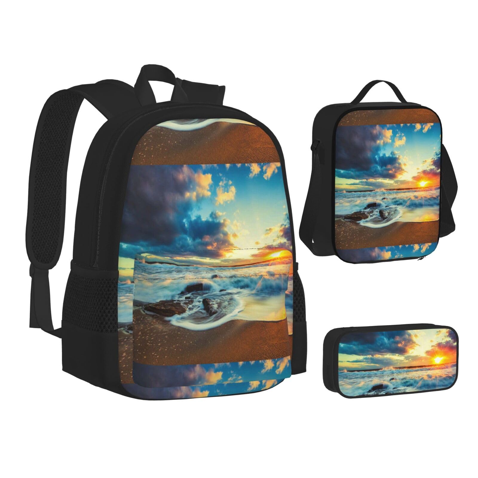 WURTON Sunset Beach Print Rucksack Lunchbox-Set, 3-in-1 Büchertasche und Federmäppchen, passende Kombination, Schwarz, Einheitsgröße, Schwarz , Einheitsgröße