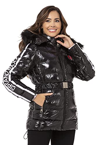 Cipo & Baxx Damen Winter Mantel Jacke Kapuze Streifen Glänzend Steppjacke Daunen WM123 Schwarz XL