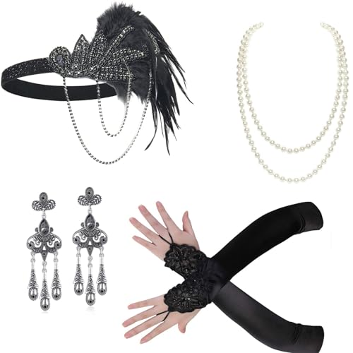 MEELYHOME Weibliches Flapper-Kostüm GatsbyParty Stirnband Halskette Ohrringe Handschuhe 1920er Jahre Vintage Cosplay Party Kostüm Zubehör Set Vintage Zubehör Set Mädchen Kostüm Zubehör Partyzubehör