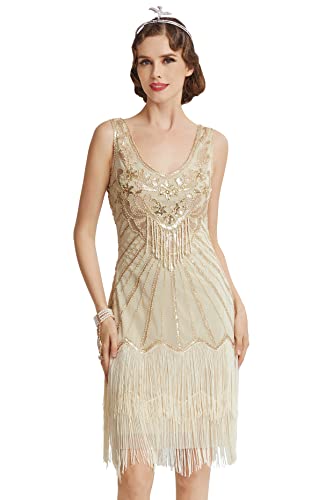 BABEYOND Damen Kleid voller Pailletten 20er Stil Runder Ausschnitt Inspiriert von Great Gatsby Kostüm Kleid (M (Fits 72-82 cm Waist & 90-100 cm Hips), Beige)