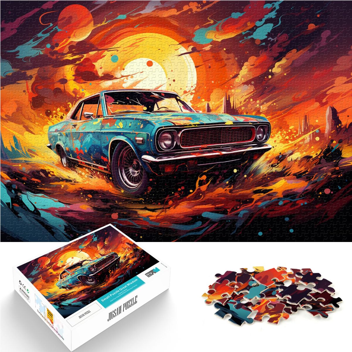 Puzzle-Geschenk „Auto unter Sonnenuntergang“, 1000-teiliges Puzzle für Erwachsene aus Holz, eignet ganze Familie und ist mit 1000 Teilen (50 x 75 cm)