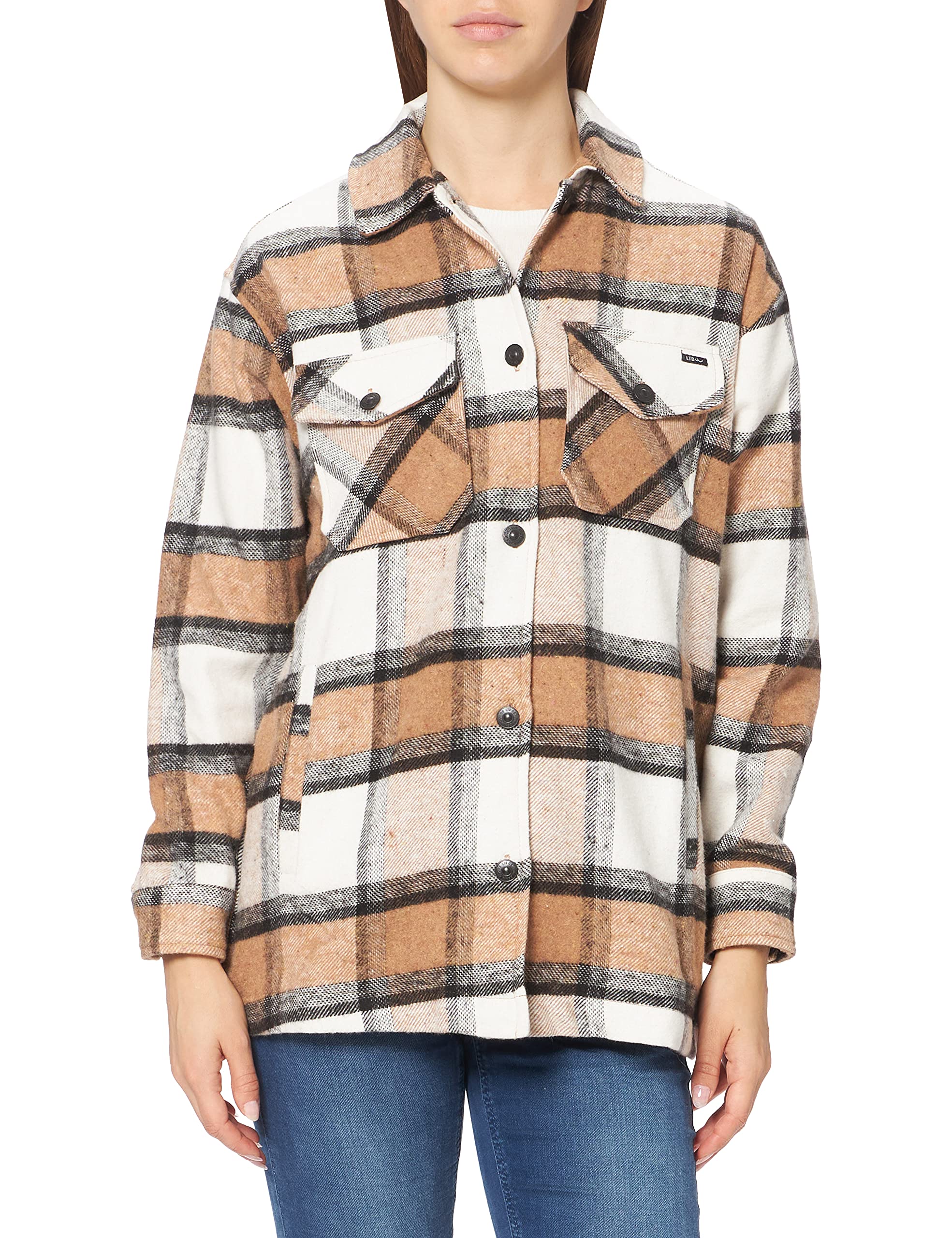 LTB Jeans Damen Hibara Aufwärm-Jacke, Camel White Black Check 12478, XL