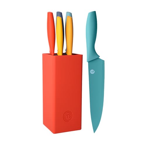 MasterChef Messerblock mit Messer Kuchenmesser Set mit Santokumesser, Brotmesser, Kochmesser, Gemüsemesser und Allzweckmesser, Edelstahl, Scharfes, Multicolor, 5-teilig, Edelstahl