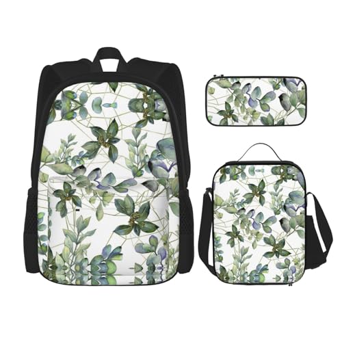 WURTON Grünes Eukalyptusblätter-Druck-Rucksack-Set, Schulbüchertasche mit Lunchtasche, Federmäppchen, Kombinations-Schultaschen-Set