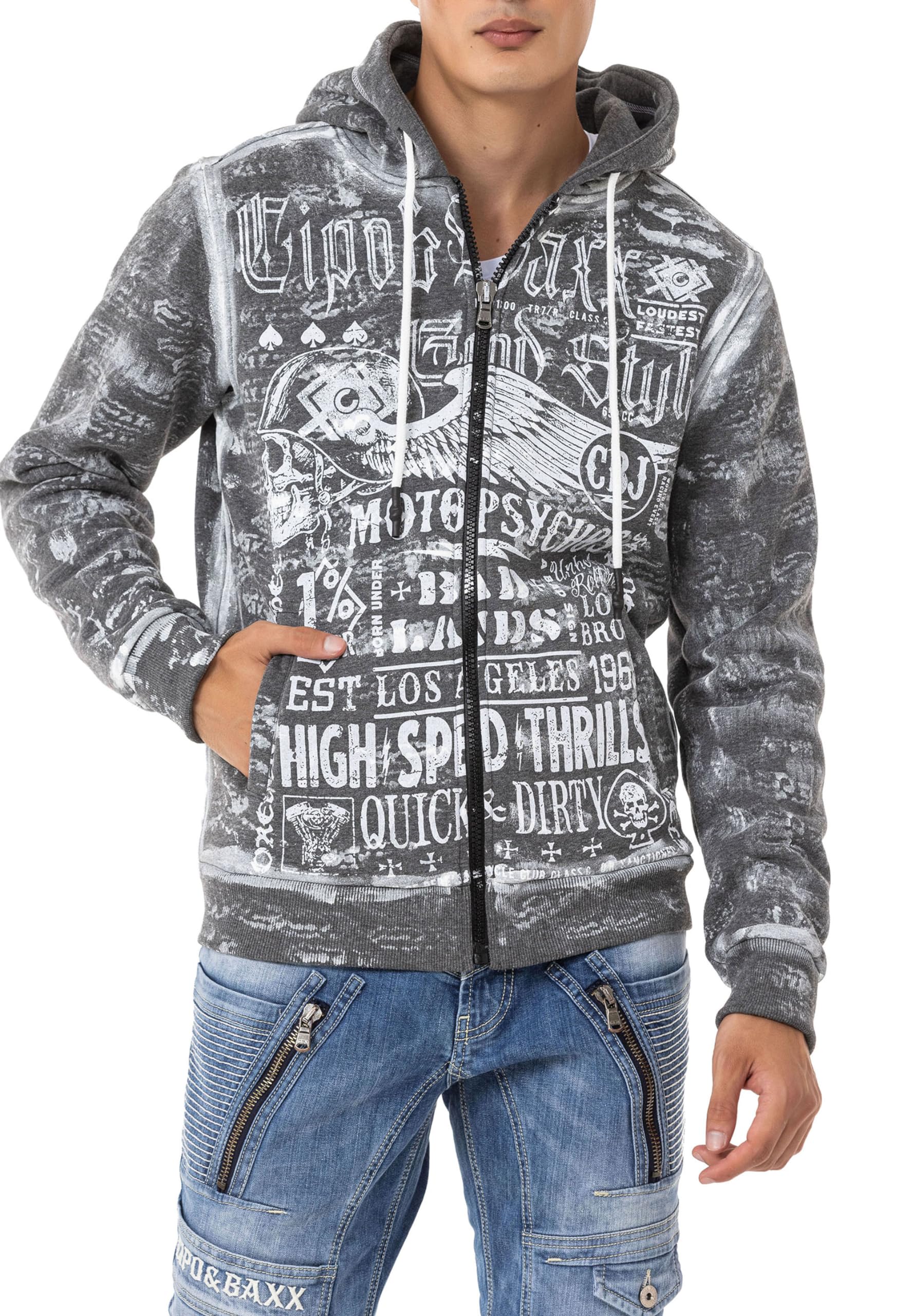 Cipo & Baxx Herren Sweatjacke Hoodie Alloverprint Kapuze Sweater Pullover Jacke Reißverschluss CL544 Anthracite L