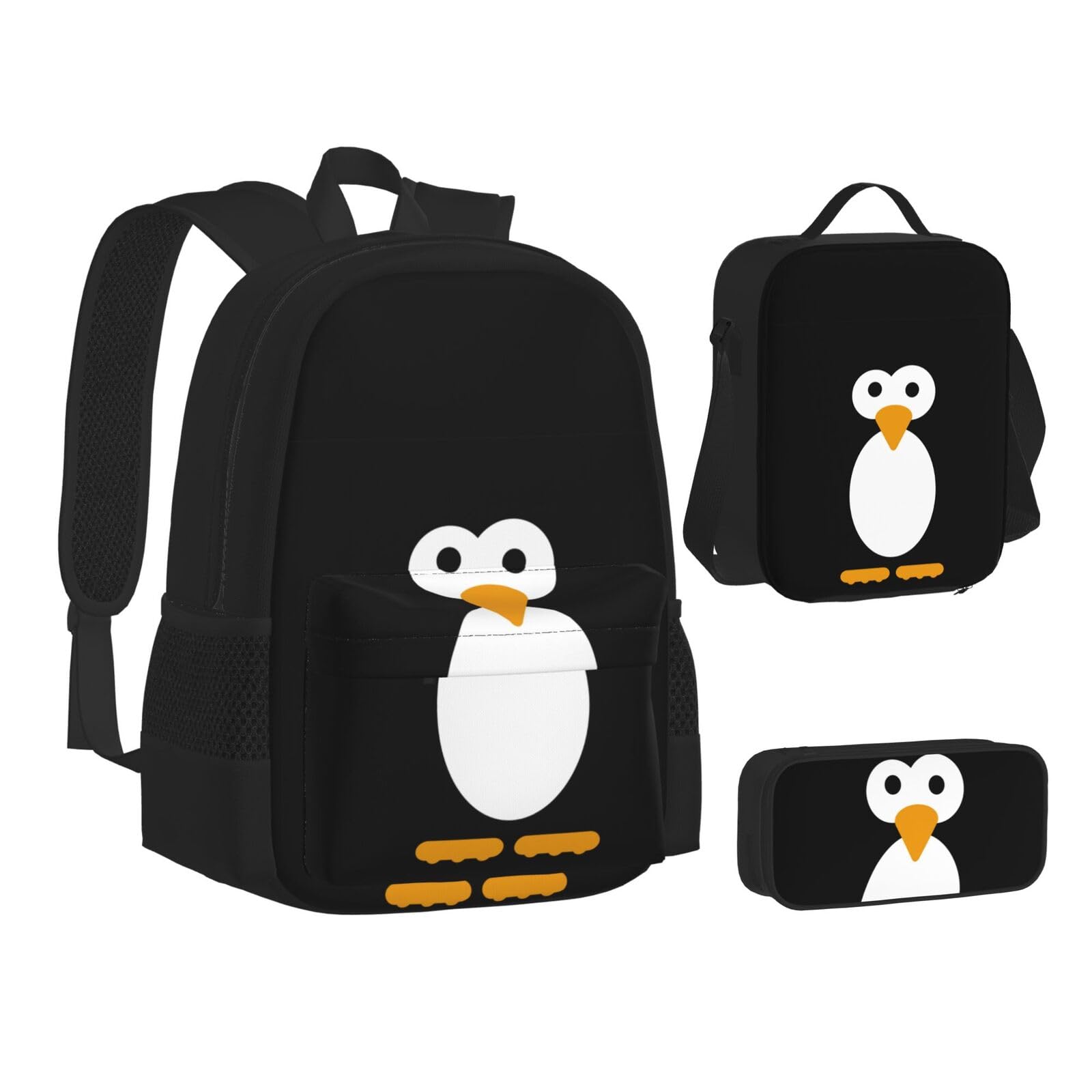 WURTON Lunchbox-Set mit süßem Pinguin-Druck, 3-in-1-Büchertasche und Federmäppchen, passende Kombination, Schwarz, Einheitsgröße