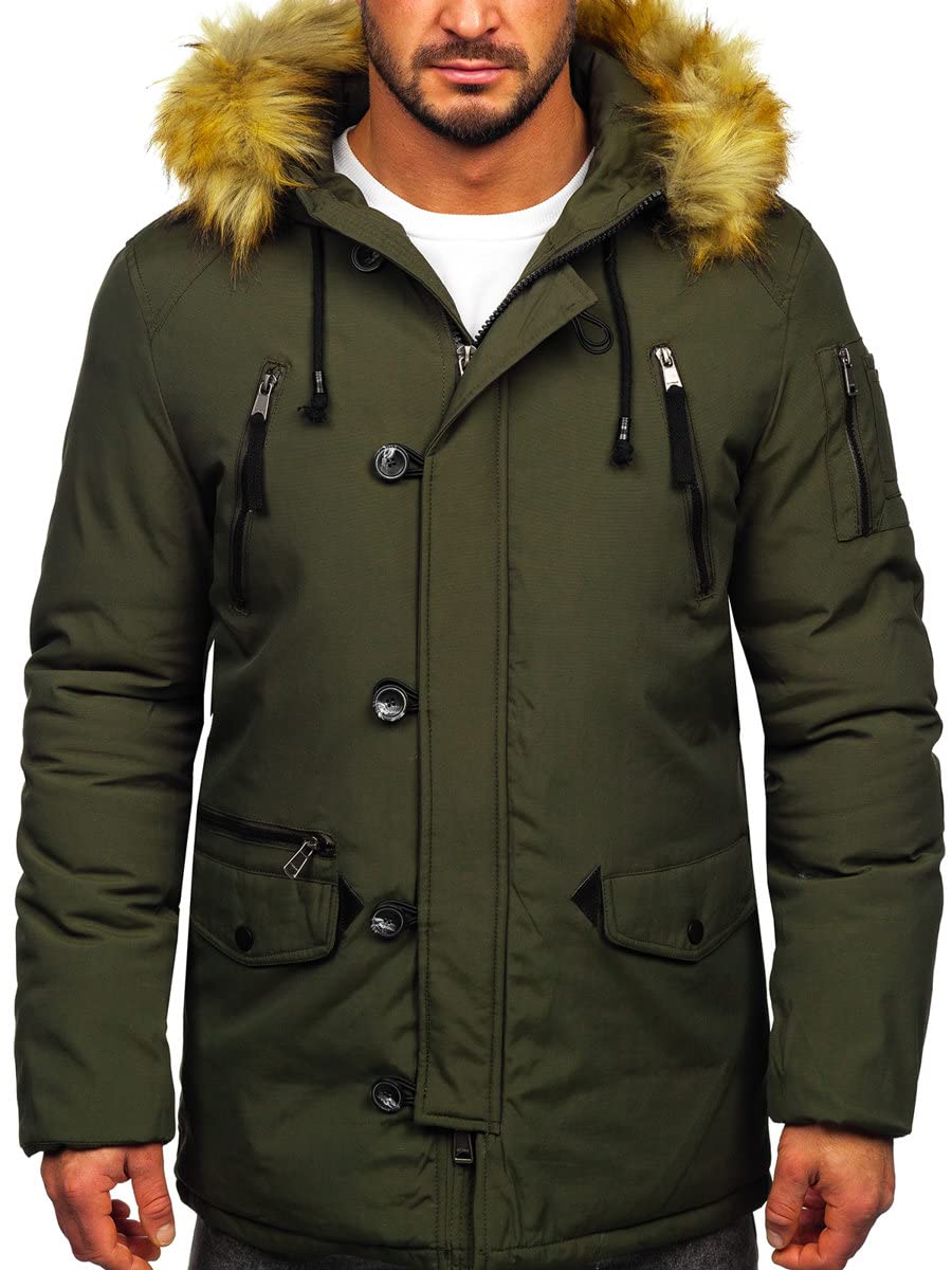 BOLF Herren Winterjacke Gefüttert mit Kapuze Parka Wintermantel Kapuzenjacke Fellbesatz Fellschnitt Lang Wärm Winter Herbst Freizeit Outdoor Casual Style 1795 Grün XXL [4D4]