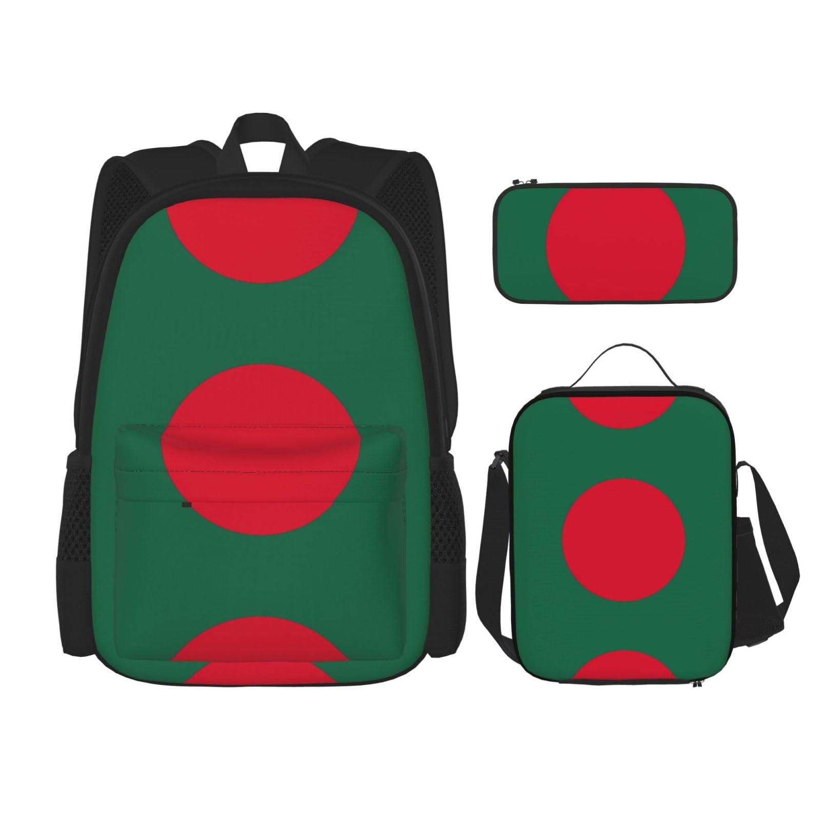 WURTON 3-in-1 Büchertaschen-Set, Motiv: Flagge Estlands, verstellbarer Schulter-Rucksack, Lunch-Tasche, Federmäppchen, Tasche, Flagge von Bangladesch, Einheitsgröße