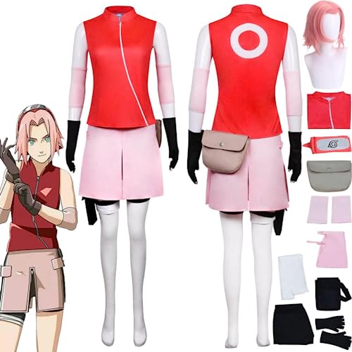 JGZGCG Anime Charakter Haruno Sakura Cosplay Kostüm Outfit Rolle spielen Rot Uniform Full Set Halloween Carnival Party Anzug mit Perücke