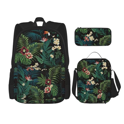 WURTON Schulrucksack-Set mit Palmblatt-Blumendruck, 3-in-1 Büchertasche-Set mit Lunchbox, Federmäppchen, Reise, Laptop, Tagesrucksack