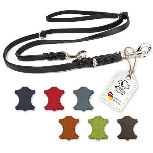 CopcoPet Fettlederleine, verstellbare Hunde-Leine aus Leder mit verchromten Karabinern, geflochtene Hunde-Führleine Leder für Hunde (2,00 m x 12 mm, Schwarz)