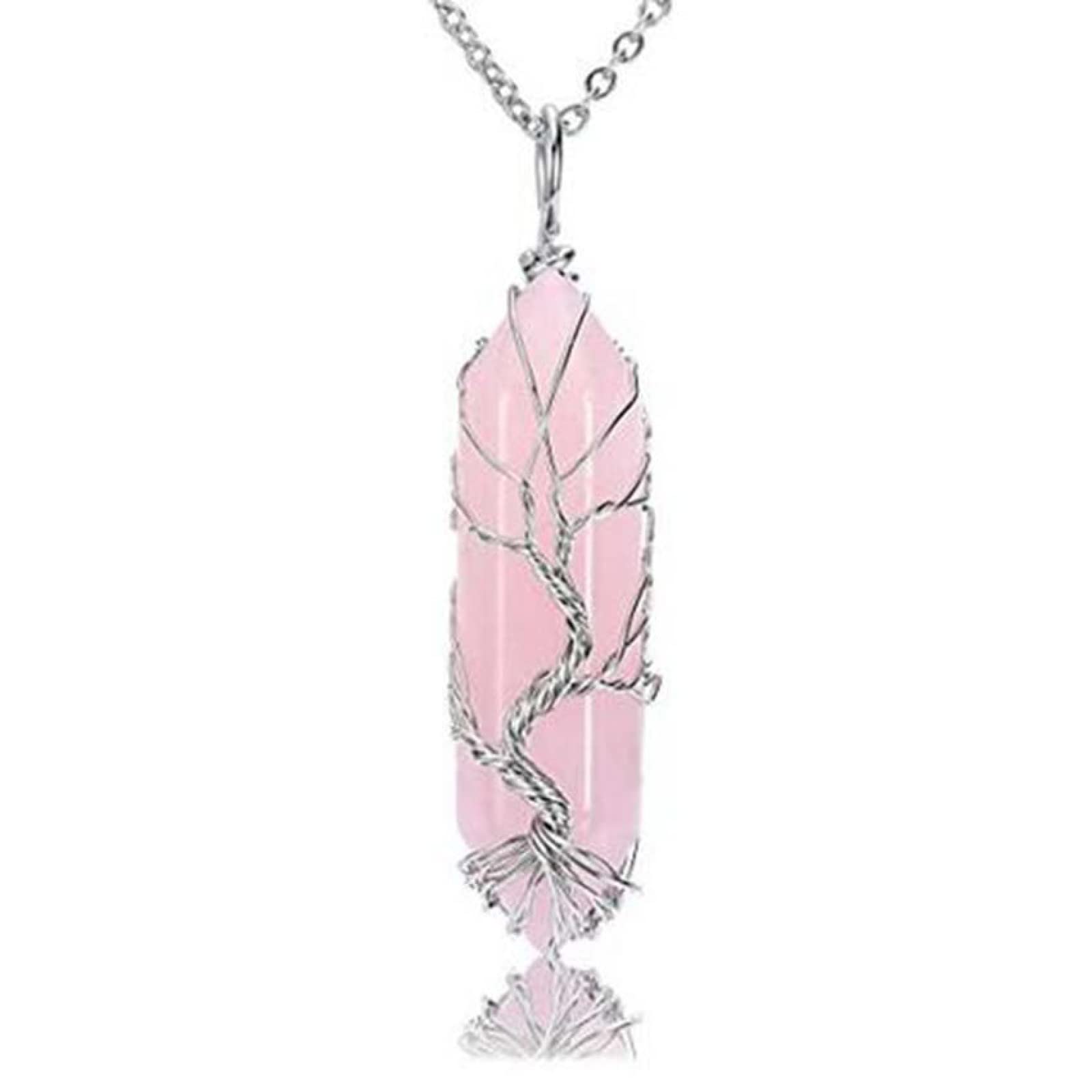 Natürlicher Kristall Quarz Stein Amethysten Reiki Baum des Lebens Hexagon Herz Chakra Stein Anhänger Draht umwickelter Schmuck,Rosenquarz 2