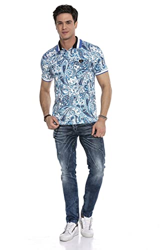 Cipo & Baxx Herren Polo Shirt Florales Allover-Muster T-Shirt Polokragen Kurzarm Freizeitshirt CT620 Blau M